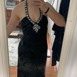 Black Halter Gown Rhinestone Embellished Evening Party Maxi‎ Dress